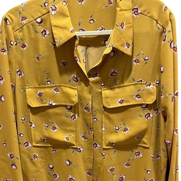 Elodie Mustard Floral Long Sleeve Blouse Front Flap Pockets Sz XL - Picture 3 of 10